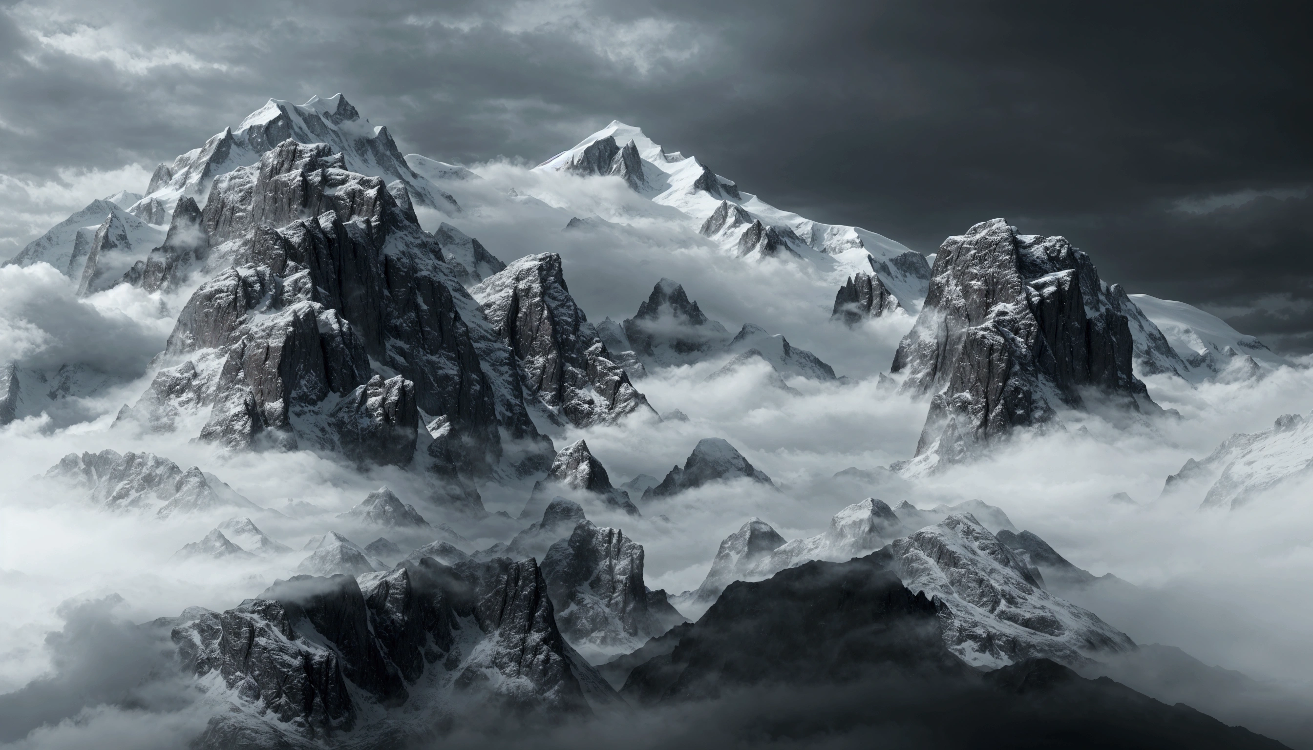 There is a black and white photo，Photo of clouds and mountains, Ethereal Landscape, in a Surreal dream landscape, Surreal frozen landscape, Inspired by Franz Sedlacek, surreal dreamscape, a Surreal dream landscape, Surreal dream landscape, iceberg, Dreamlike scene, Detailed Dreams, Inspired by Ansel Adams, (fantasy), There are snow mountains and ice