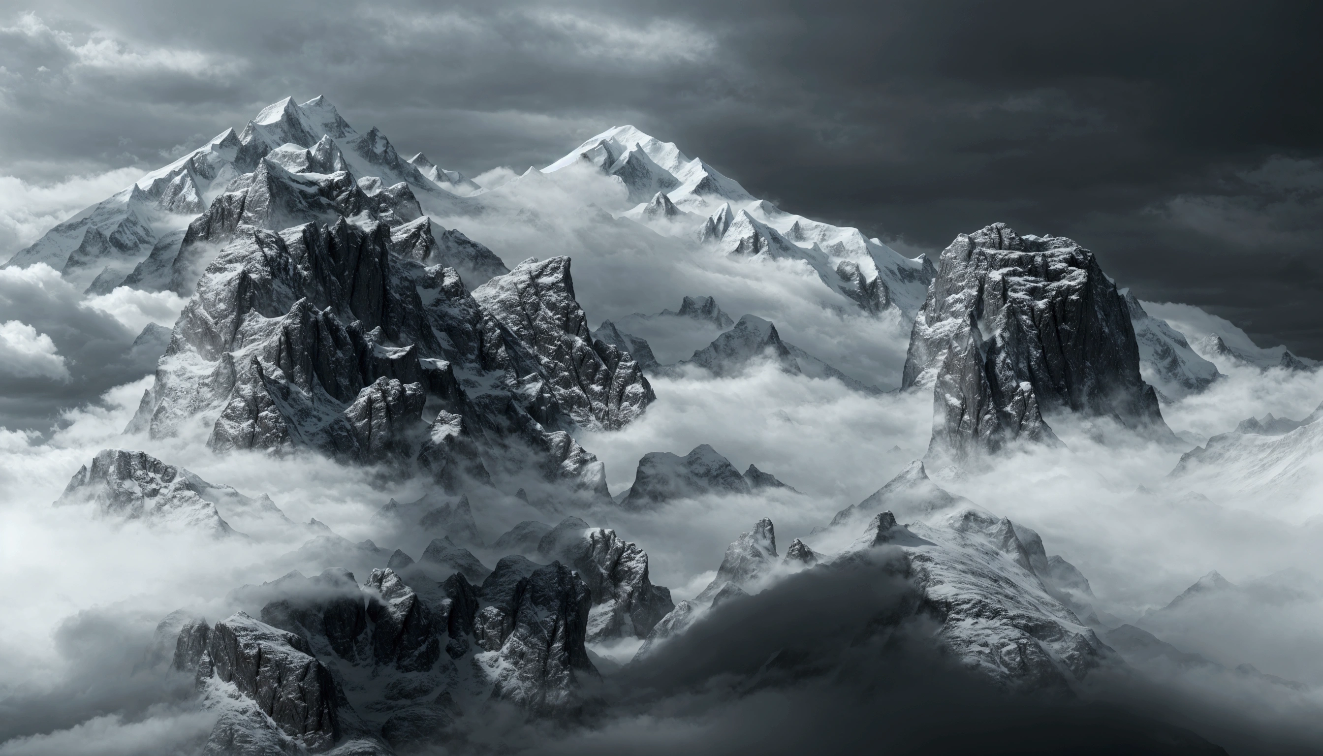 There is a black and white photo,Photo of clouds and mountains, Ethereal Landscape, in a Surreal dream landscape, Surreal frozen landscape, Inspired by Franz Sedlacek, surreal dreamscape, a Surreal dream landscape, Surreal dream landscape, iceberg, Dreamlike scene, Detailed Dreams, Inspired by Ansel Adams, (fantasy), There are snow mountains and ice