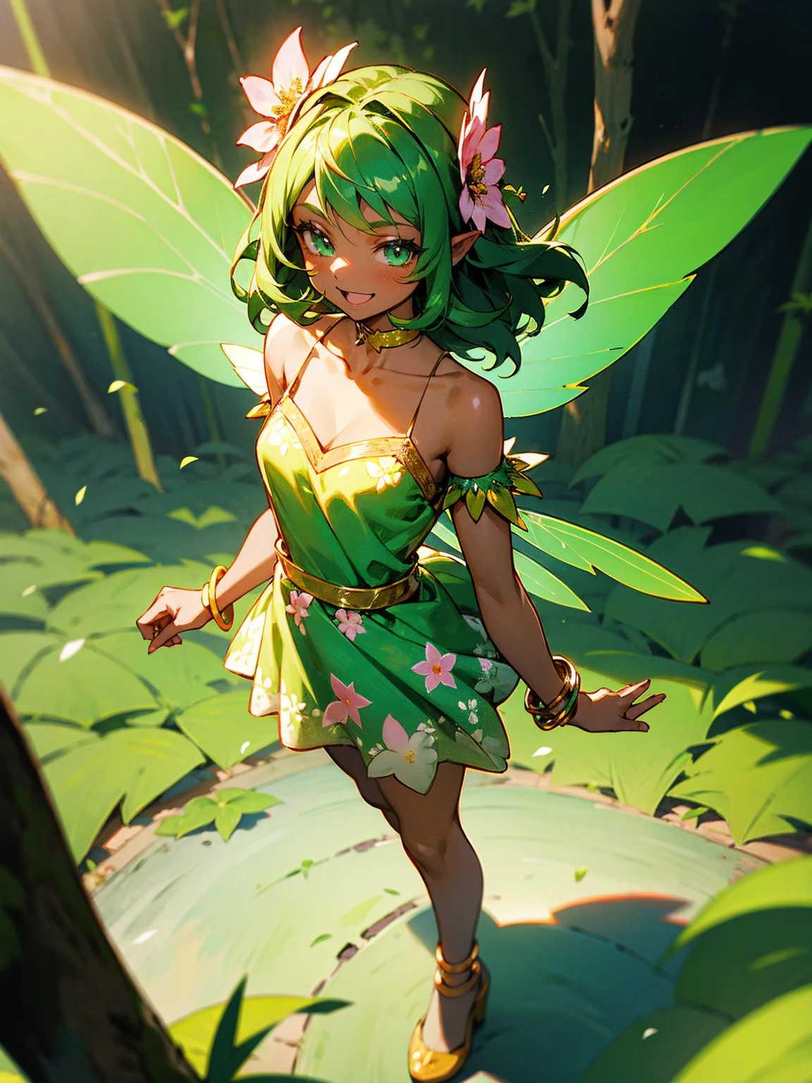Teenage female, dark skin, green hair, floral dress, fairy wings, joyful smile, standing on path, with a flower bracelet