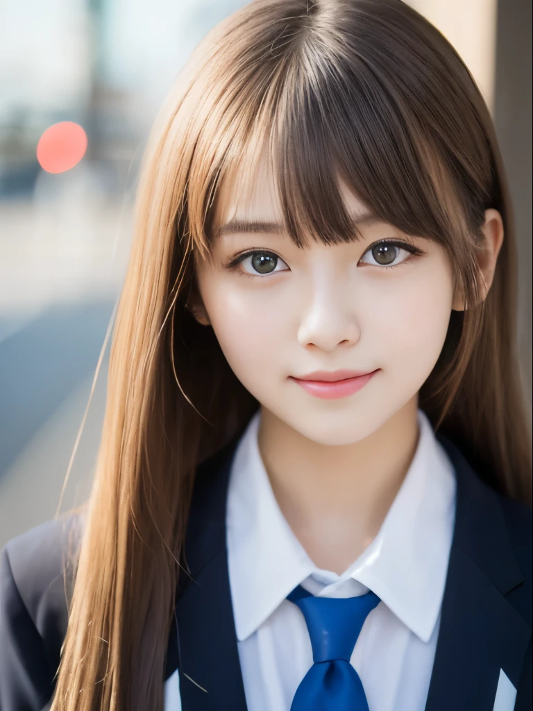 Portrait、School uniforms、Bright expression、Younger, brighter, whiter skin、Best Looks、Blonde reflection、Platinum blonde hair with dazzling highlights、Shiny bright hair,、Super long, silky straight hair、Shiny beautiful bangs、Sparkling, clear, attractive big blue eyes、A very beautiful, lovely and cute 16 year old girl、Ample breasts、