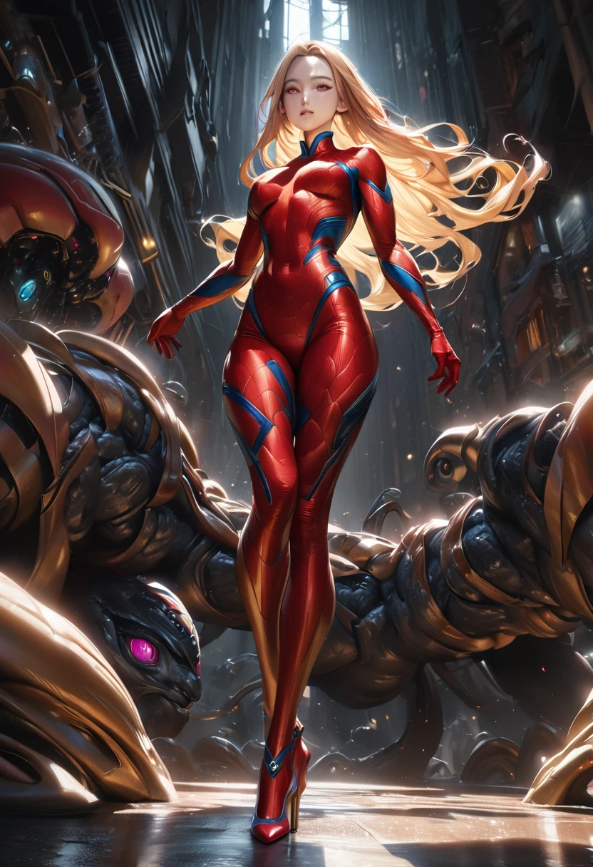 a beautiful high elf woman, golden flowing hair, skin-tight bodysuit, traditional chinese qipao dress, high heels, long gloves, symbiotic alien parasite, spider-man inspired tech suit, detailed portrait, photorealistic, 8k, best quality, masterpiece, ultra-detailed, realistic, physically-based rendering, vivid colors, dramatic lighting, cinematic composition