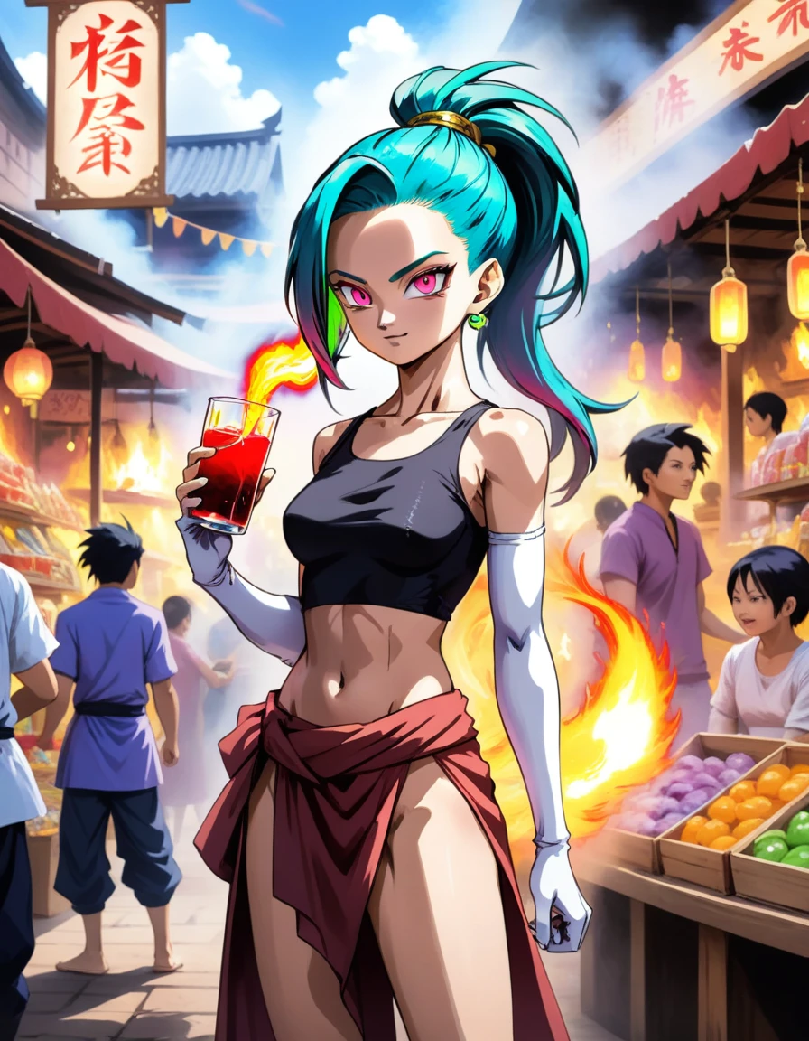 anime in 4D vivid colors high quality Jinx DBZ + Meliodas bones Portrait front view of a girl standing in a mystical marketplace with black neon fire hair in a flowing ponytail in a dynamic pose she is holding a glass of bubbling potion out to the view red tomoi eye in the background are busy vendors and magical light and smoke from the various market stalls Surréalisme watercolor painting style stylize 1000 line art watercolor wash by inacofairy rugge canvas