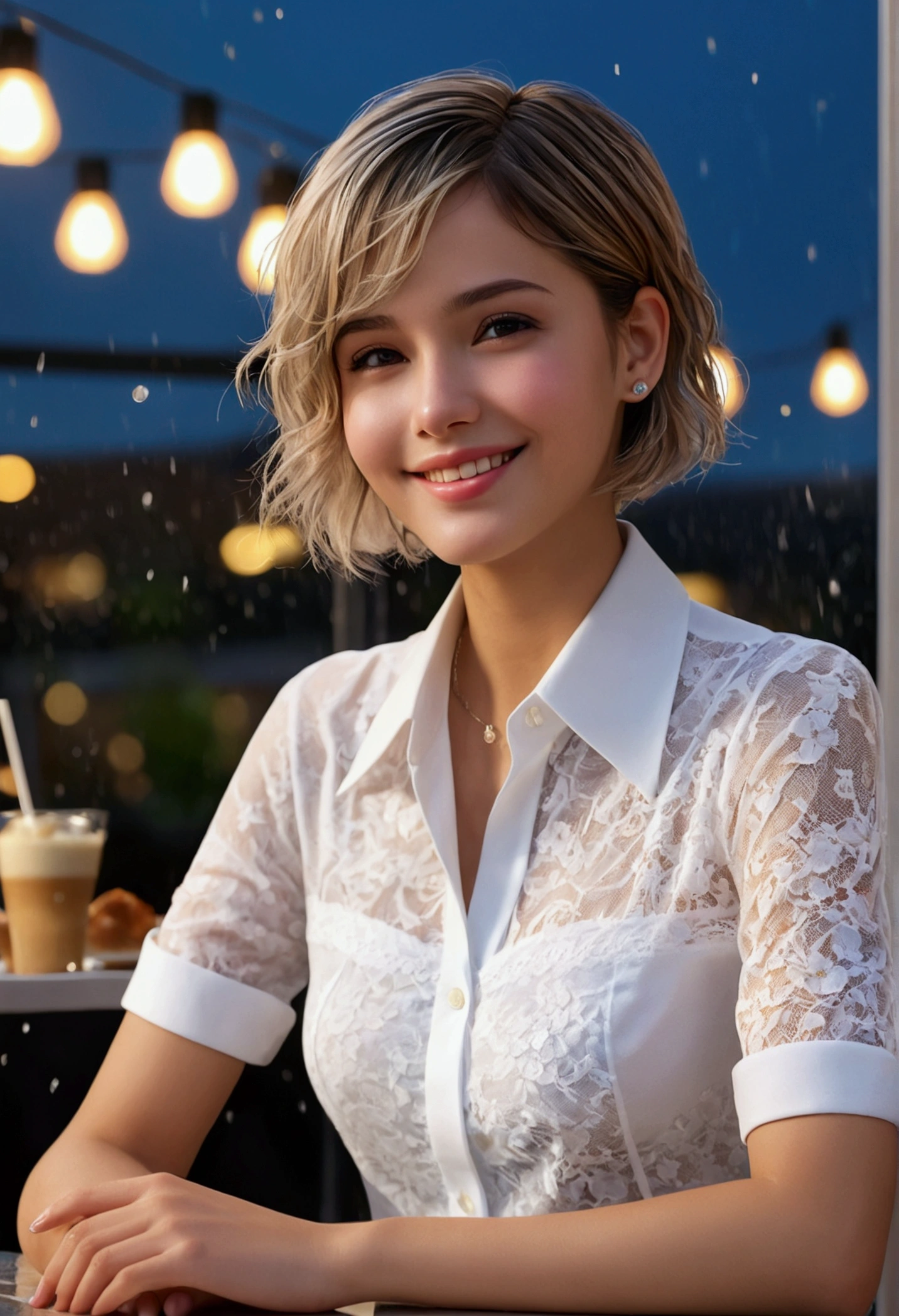 (8k, Best Quality, Masterpiece: 1.2), (Realistic, Photorealistic: 1.37), Super Detailed, 1 Girl, Cute, Alone, Beautiful Detailed Sky, Detailed Cafe, Night, Sitting, Date, ( Nose blush), (smile: 1.15), (close mouth) small breasts, beautiful details, (collared shirt: 1.1), night, wet, business wear, rain, white lace, (short hair: 1.2), floating Hair NovaFrogStyle,