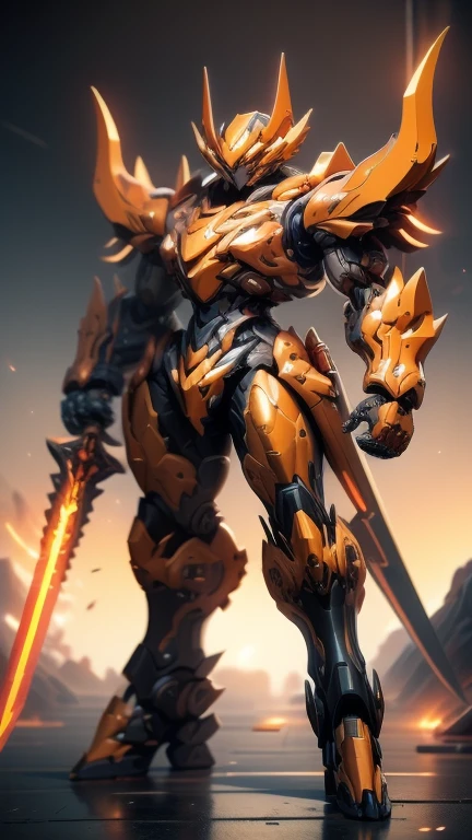 A cyborg girl of mysterious design fused with a demonic dragon. It has horns like a demon. Futuristic streamlined design. The center of the chest is rounded. It has large wings and a dragon-like tail. The whole body is shining. The whole body is blackish with red and gold coloring. She has a broad waist and large breasts. She is holding a weapon. 3D model of the whole body.