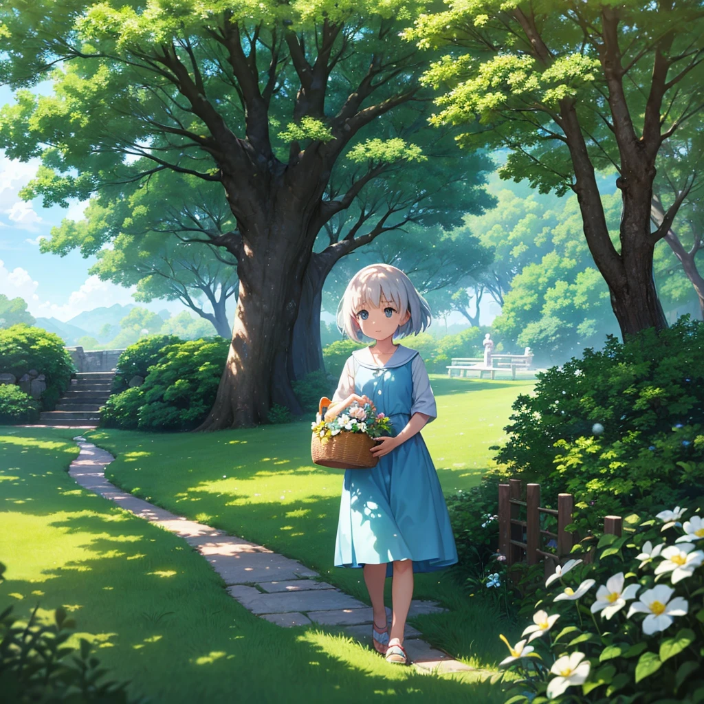 
Image Template 1: “Morning Departure”Hayao Miyazaki style. Animation.

	1.	Background: Lush green meadow with a clear blue sky.
	2.	Main Characters: An orange and white kitten, Misha.
	3.	Props: A flower basket.
	4.	Environmental Details: Soft morning sunlight with dewdrops sparkling on the grass.
	5.	Colors: Bright and refreshing tones.

Hayao Miyazaki style. Animation.