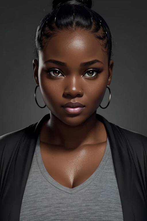 woman, plus size, face, front, hair bun, looking at camera, african, black, wet face, hyper realism, dark grey background