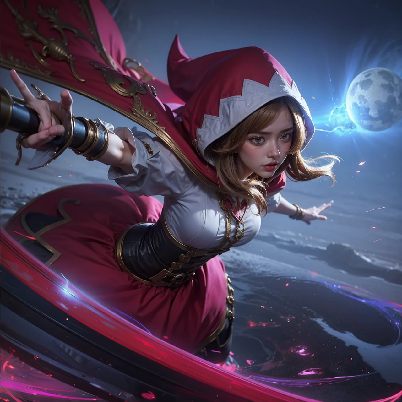 The image features a female character in a fantasy setting, dressed in a red and white hooded cloak and a white blouse, wielding a staff and surrounded by a magical aura.