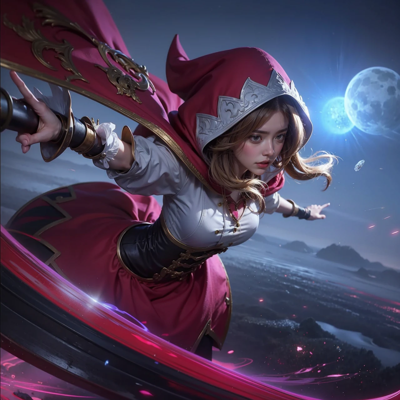 The image features a female character in a fantasy setting, dressed in a red and white hooded cloak and a white blouse, wielding a staff and surrounded by a magical aura.