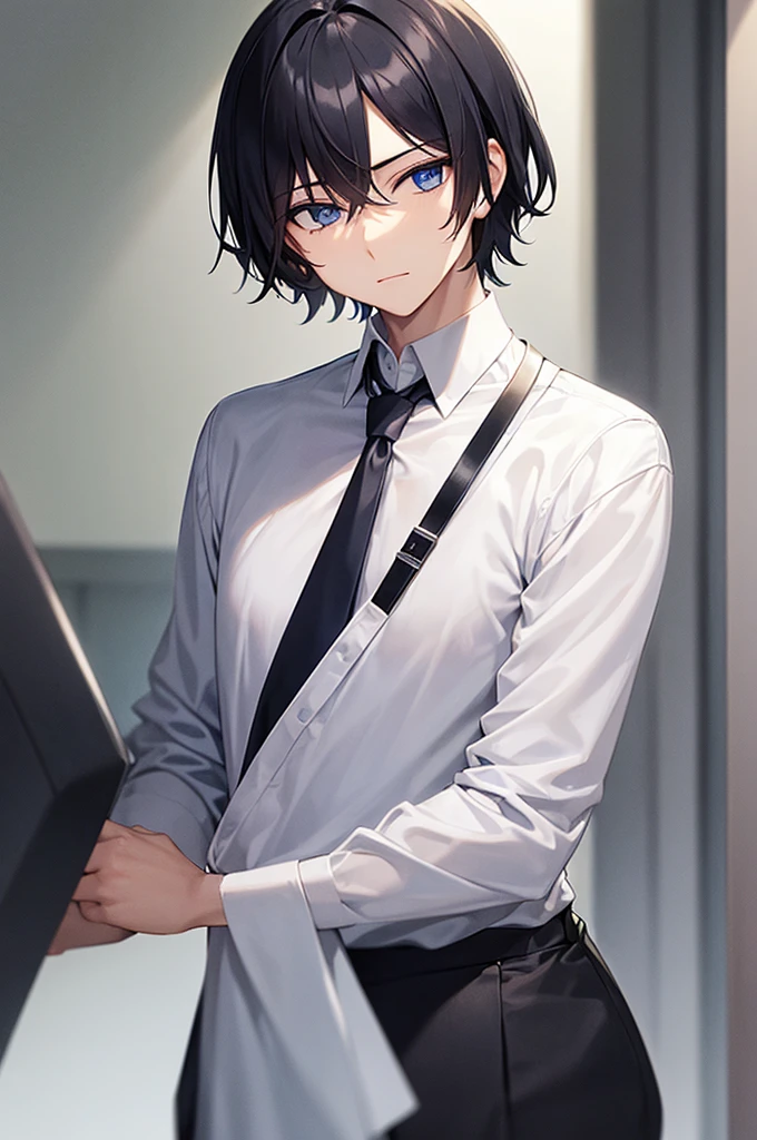 male wearing white shirt with tie, black hair, blue eyes