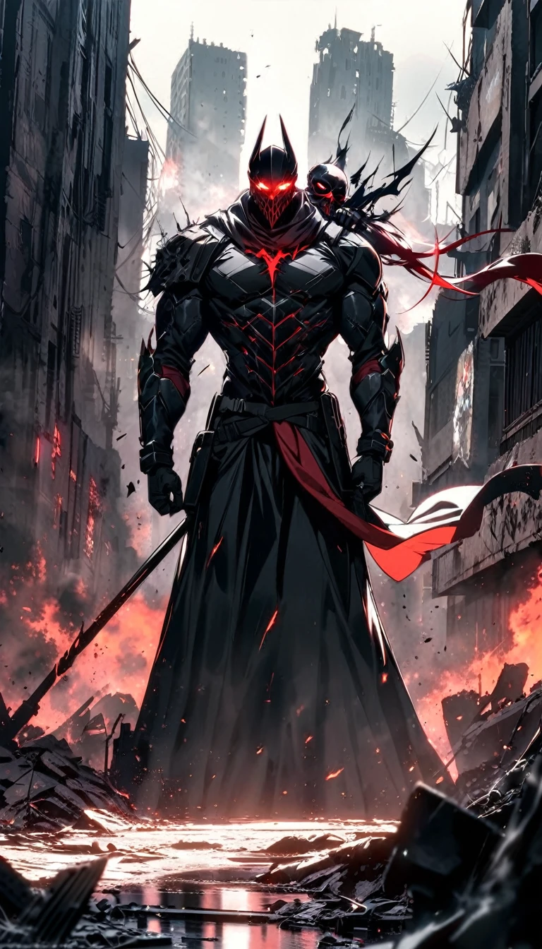 Against the backdrop of a desolate urban wasteland, Raze stands like a grim sentinel. His towering, muscular build is clad in dark tactical gear, contrasted by a stark white cape that billows in the wind. The skull mask obscures his features, its cybernetic red eyes glowing ominously, reflecting his transformation from soldier to vigilante. His presence is both terrifying and inspiring, a harbinger of justice for the oppressed. A high-caliber rifle rests over his shoulder, while his hands, encased in combat gloves, exude raw power. The air around him crackles with the tension of impending conflict, as Raze’s silhouette casts a long, unyielding shadow over the broken cityscape, a living embodiment of retribution.