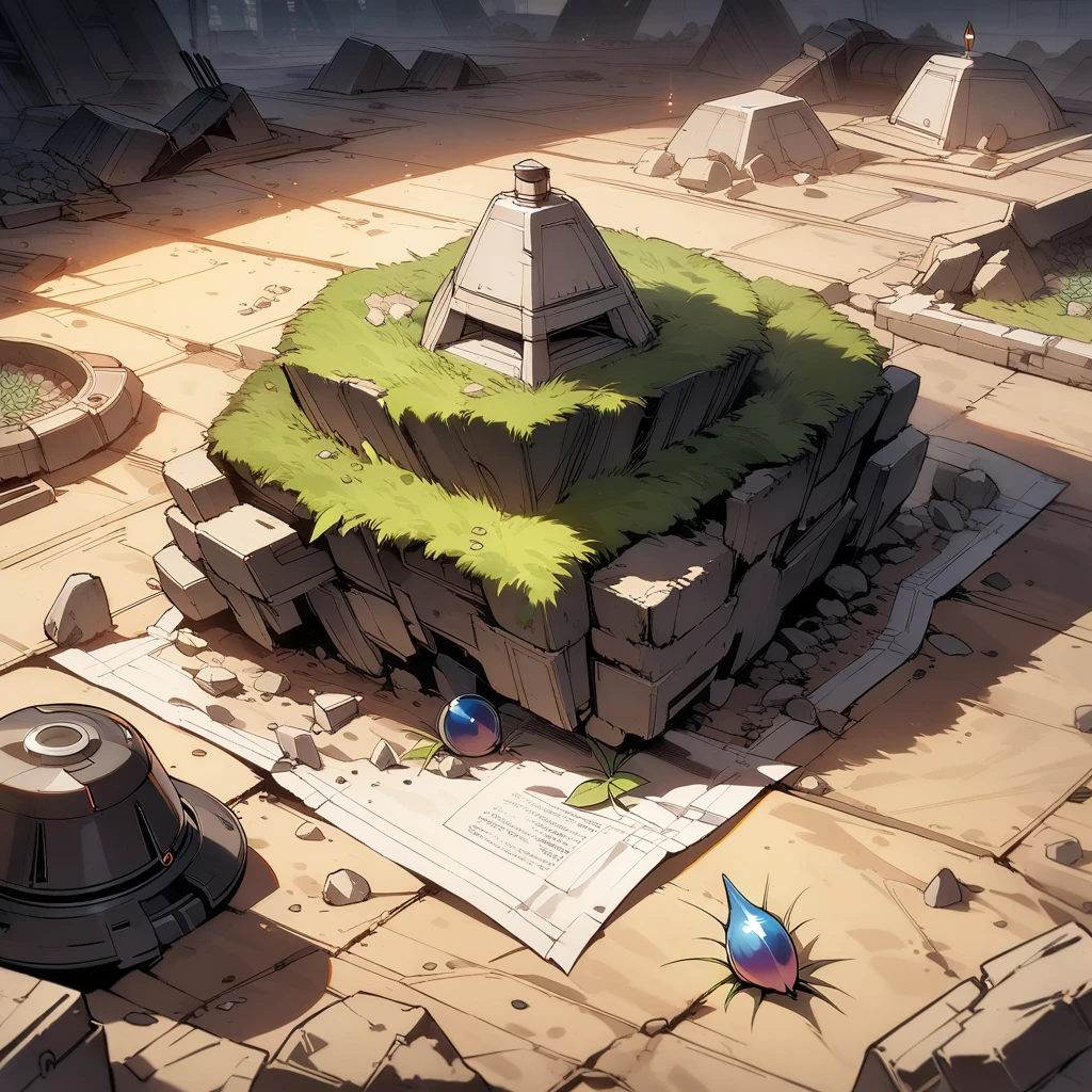 (masterpiece),(best quality),very aesthetic,(ultra-detailed),(super-fine illustration),vibrant colors,high saturation,Collapsed civilization,no human,Abandoned station platform,Broken concrete ground,summer,(A single piece of paper on top of rubble,beacon,an iota of seed,Focus on a piece of paper,There's a piece of paper, a beacon, and a seed laid out)