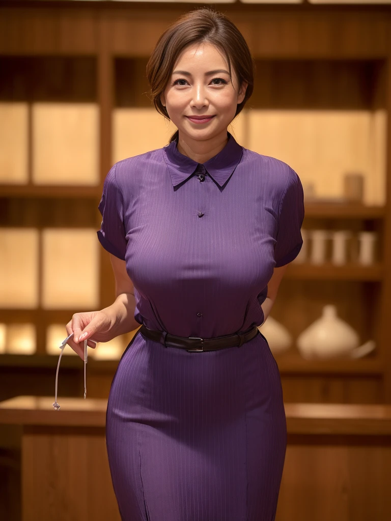 ((masterpiece))、((Highest quality))、photograph、reality、High resolution、Advanced Depth of Field、become close、Realistic lighting、secretary、Delicate facial features、Realistic background and accessories、(Big Breasts:1.2)、(narrow and constricted waist,:1.1)、(Thin and beautiful legs)、Sexy lips、Wide Shot、Thighs、(smile:1.3)、Emphasize the weight, soft, (Saggy breasts:1.2)、whole body、(Tight waitress uniform:1.2)、(Beautiful woman at 50 years old:1.5)、(Wrinkles around the eyes:1.5)、(Wrinkles around the mouth:1.5)、(Erect nipples)