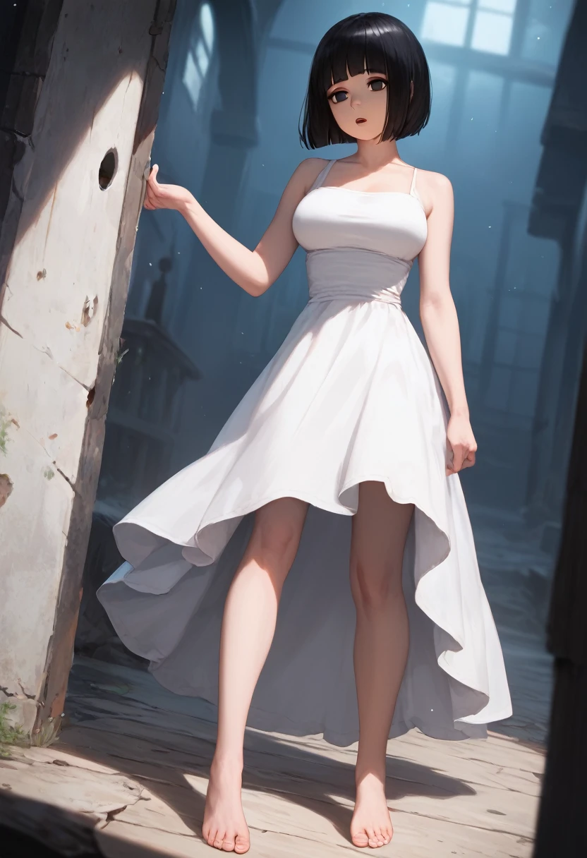 score_9,score_8_up,score_7_up,masterpiece,best quality, source anime, realistic, super detailed, extreme detailed, rating_safe,
1girl, ghostly girl, whole body luminous, feet transparent, sinister atmosphere, 
short hair, bob cut, (blunt bangs), (large breasts:0.9), 
white dress, simple dress, expressionless, empty eyes, open mouth, abandoned house, (darkness:1.3),