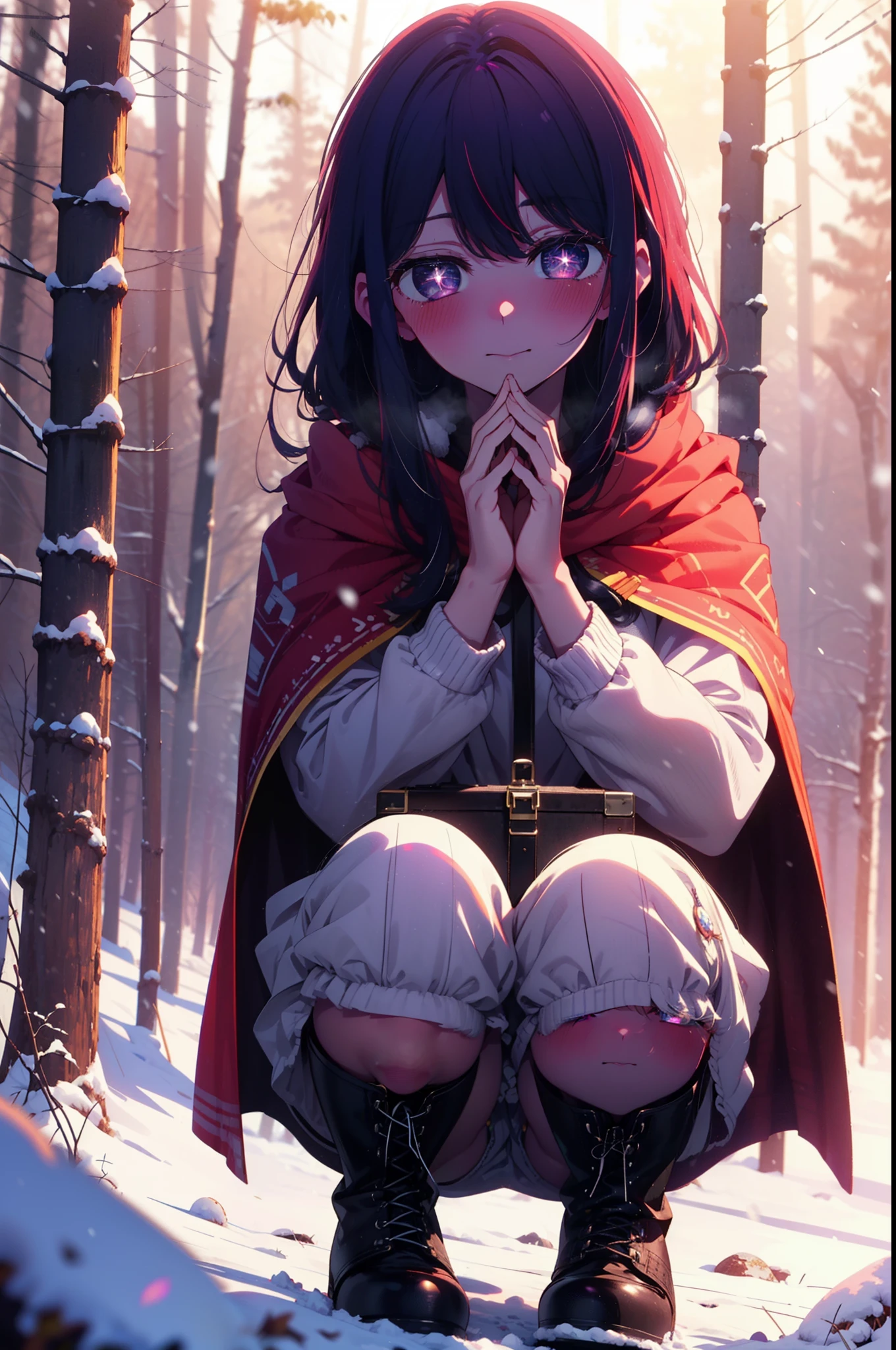 aihoshino, Ai Hoshino, Long Hair, bangs, (Purple eyes:1.1), Purple Hair, (Symbol-shaped pupil:1.5), smile,,smile,blush,white breath,
Open your mouth,snow,Ground bonfire, Outdoor, boots, snowing, From the side, wood, suitcase, Cape, Blurred, , forest, White handbag, nature,  Squat, Mouth closed, Cape, winter, Written boundary depth, Black shoes, red Cape break looking at viewer, Upper Body, whole body, break Outdoor, forest, nature, break (masterpiece:1.2), Highest quality, High resolution, unity 8k wallpaper, (shape:0.8), (Beautiful and beautiful eyes:1.6), Highly detailed face, Perfect lighting, Highly detailed CG, (Perfect hands, Perfect Anatomy),