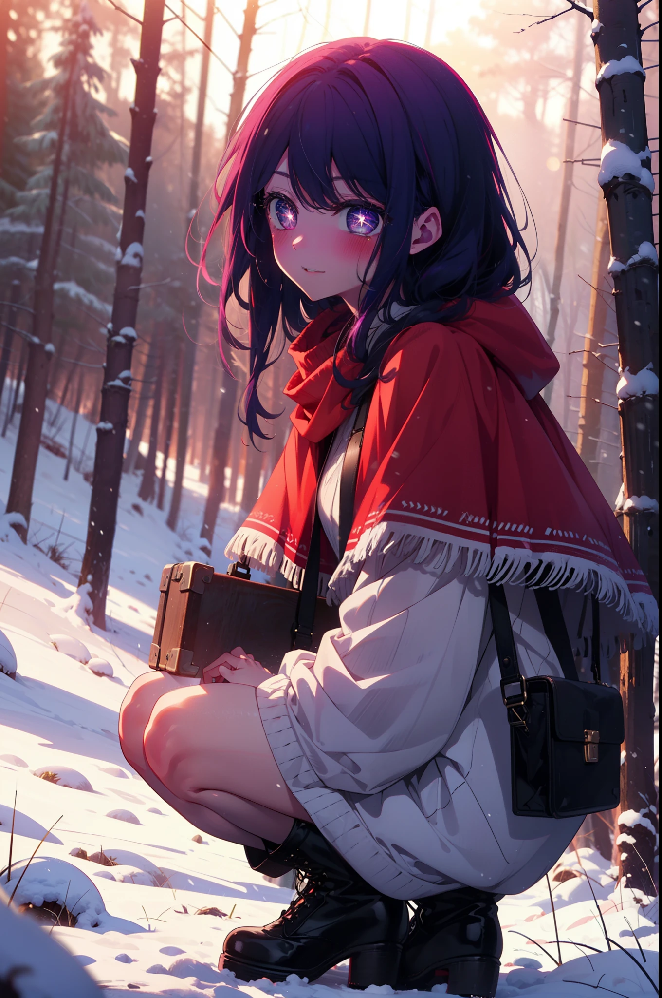 aihoshino, Ai Hoshino, Long Hair, bangs, (Purple eyes:1.1), Purple Hair, (Symbol-shaped pupil:1.5), smile,,smile,blush,white breath,
Open your mouth,snow,Ground bonfire, Outdoor, boots, snowing, From the side, wood, suitcase, Cape, Blurred, , forest, White handbag, nature,  Squat, Mouth closed, Cape, winter, Written boundary depth, Black shoes, red Cape break looking at viewer, Upper Body, whole body, break Outdoor, forest, nature, break (masterpiece:1.2), Highest quality, High resolution, unity 8k wallpaper, (shape:0.8), (Beautiful and beautiful eyes:1.6), Highly detailed face, Perfect lighting, Highly detailed CG, (Perfect hands, Perfect Anatomy),