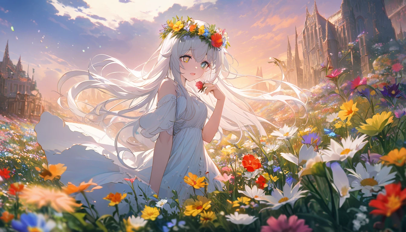 **99. One person。mysterious。Long-haired white-haired girl。
masterpiece , best quality , ultra detailed
(Detailed fingers), (Emotional), (Breathtakingly beautiful), (main part: 1.2 Whole body.), (Anime Style), (Very detailed), (Brutal), (超High resolution, High resolution), (8k), (High resolution: 1.2), (Complex and beautiful: 1.2)**
- background: Spring flower garden、Colorful flowers bloom profusely。
- Long-haired white-haired girl: A delicately drawn spring dress、Sparkling Eyes。holding a flower crown in her hand。
- Effects: Light emanating from a flower crown、The scent of spring in the flower garden。