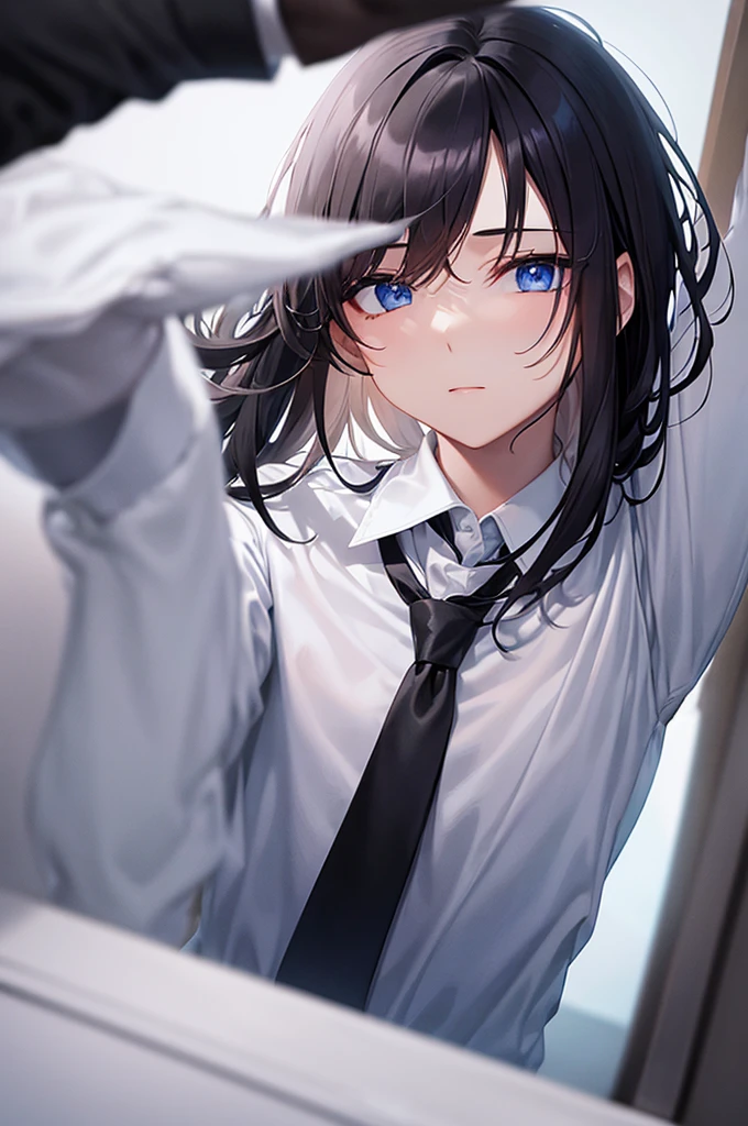male wearing white shirt with tie, black hair, blue eyes