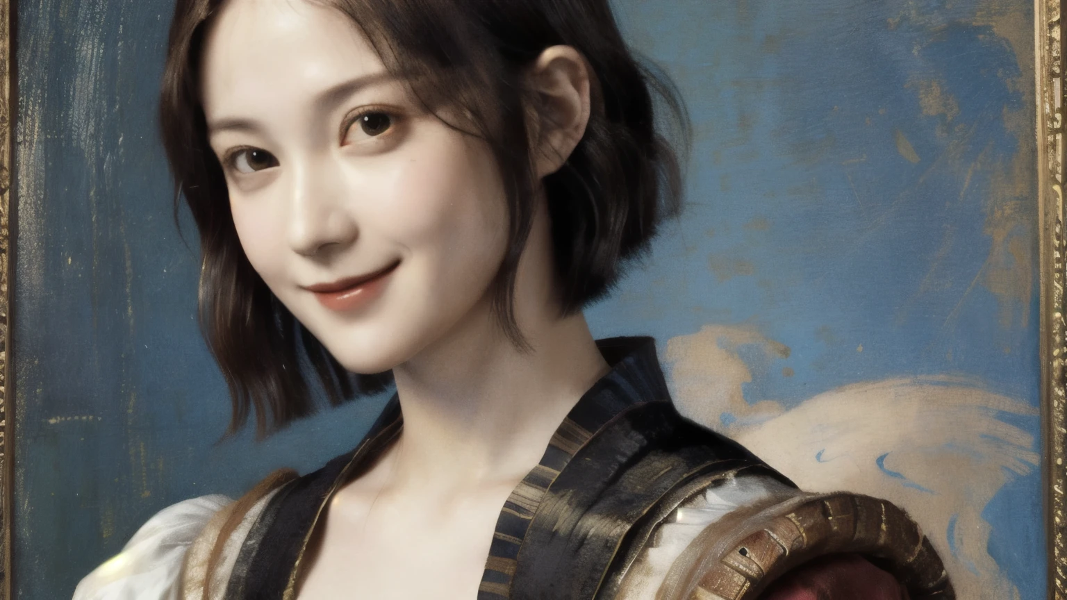 261 20-year-old female, (Short Hair 46),(Real,chest),Archaic Smile,(Paintings by Leonardo da Vinci)