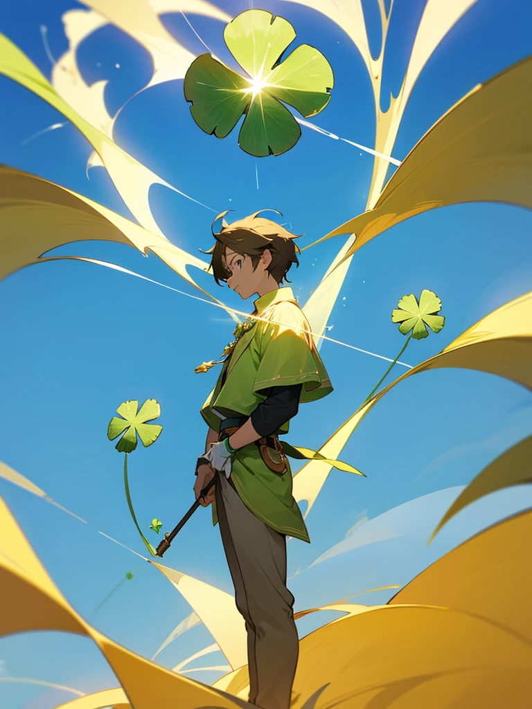 I created one of a 4-leaf clover floating , he has a glow around him, blue sky background , in every image there is a golden star shine 