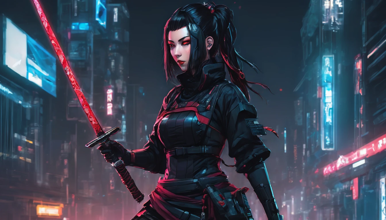 arafed woman in a black outfit the ninja, is depicted in a dynamic pose, holding a sword and a red leash, very beautiful cyberpunk samurai, portrait of a cyberpunk samurai, cyberpunk samurai, badass anime 8 k, cyberpunk assassin, goth ninja, female assassin, urban samurai, perfect eyes, crystal clear eyes, cyborg ninja, portrait ninja gaiden girl, ninja outfit, female cyberpunk anime girl, cyberpunk geisha, beautiful female assassin