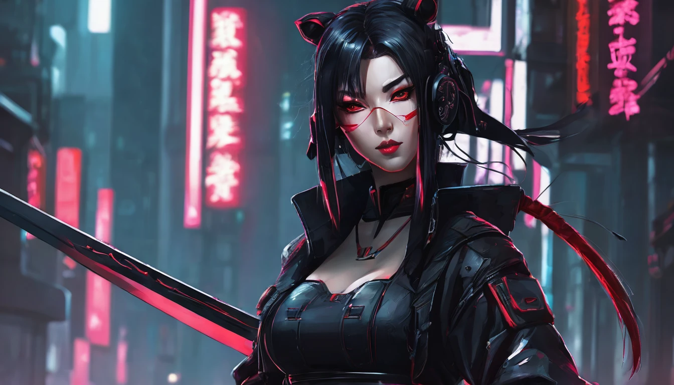 arafed woman in a black outfit the ninja, is depicted in a dynamic pose, holding a sword and a red leash, very beautiful cyberpunk samurai, portrait of a cyberpunk samurai, cyberpunk samurai, badass anime 8 k, cyberpunk assassin, goth ninja, female assassin, urban samurai, perfect eyes, crystal clear eyes, cyborg ninja, portrait ninja gaiden girl, ninja outfit, female cyberpunk anime girl, cyberpunk geisha, beautiful female assassin