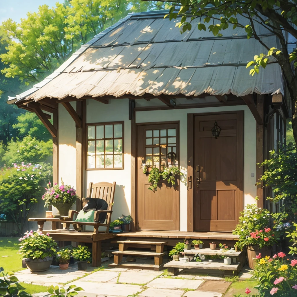 
Foreground:

	•	Cottage Porch: A wooden porch with a rocking chair and potted plants, exuding a homey feel.
	•	Sleeping Cat: A ginger cat naps on the porch steps, its belly rising and falling with each breath.
	•	Birdhouse: A small birdhouse hangs from the eaves, with birds chirping nearby.

Background:

	•	Cottage Garden: A well-tended garden surrounds the cottage, filled with blooming flowers and herbs.
	•	Tree Canopy: Tall trees provide a canopy of shade, with sunlight filtering through the leaves.

Design Points:

	•	Colors: Earthy browns, soft greens, and warm floral tones enhance the cozy atmosphere.
	•	Textures: Wooden porch, soft cat fur, and leafy foliage.
	•	Ambiance: Warm and inviting, perfect for a lazy afternoon.