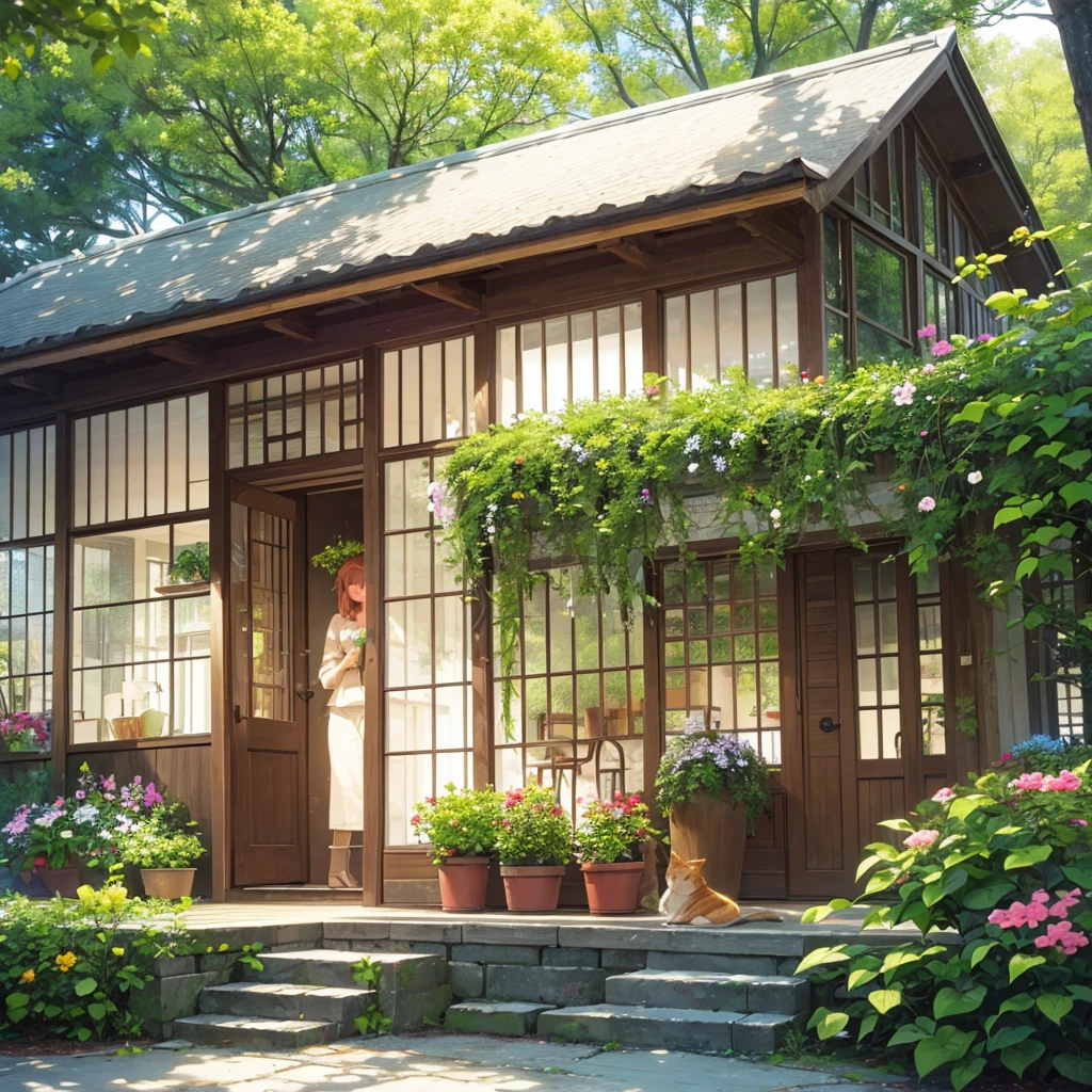 Foreground:
• Cottage Porch: A wooden porch with a rocking chair and potted plants, exuding a homey feel.
• Sleeping Cat: A ginger cat naps on the porch steps, its belly rising and falling with each breath.
• Birdhouse: A small birdhouse hangs from the eaves, with birds chirping nearby.
Background:
• Cottage Garden: A well-tended garden surrounds the cottage, filled with blooming flowers and herbs.
• Tree Canopy: Tall trees provide a canopy of shade, with sunlight filtering through the leaves.
Design Points:
• Colors: Earthy browns, soft greens, and warm floral tones enhance the cozy atmosphere.
• Textures: Wooden porch, soft cat fur, and leafy foliage.
• Ambiance: Warm and inviting, perfect for a lazy afternoon.