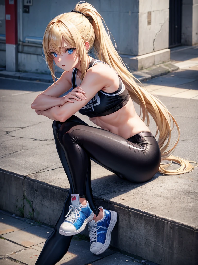 girl, blonde hair, blue eyes, long hair, medium chest, black leggins, sports BH, sneakers, ponytail, R18, leaning on a wall