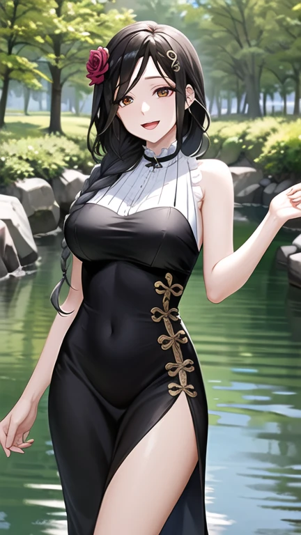 masterpiece, best quality, highres, st1, braid, hair ornament, black dress, hair flower, side slit, large breasts, long dress, sleeveless, cowboy shot, nature, standing, river, smile, open mouth,