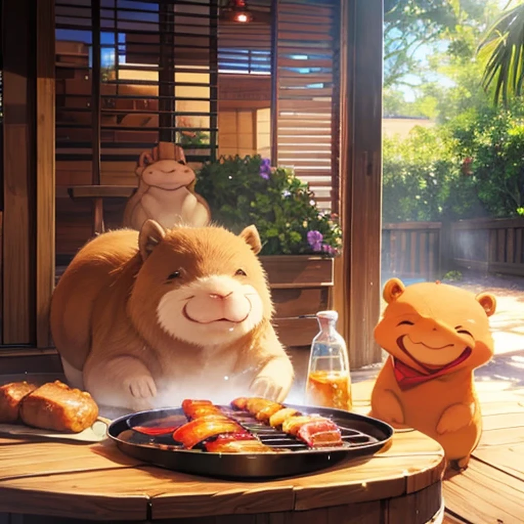 Psychedelic beam toys house  barbecue  A smiling capybara wearing cute sunglasses reflected eerily happy barbecue