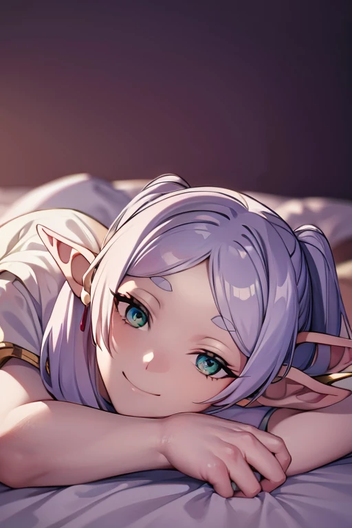 lying on your back in bed, with transparent white shirt, mischievous grin , elf ears