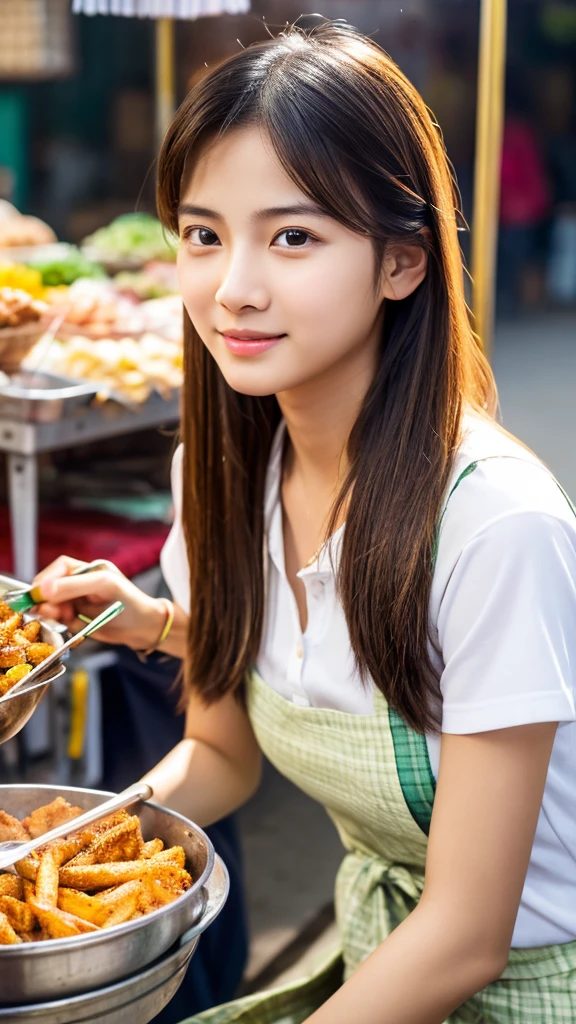 masterpiece、Highest quality、Photorealistic、Female student、Street、stall、street food on the table、Southeast Asian、Very delicate and beautiful、Ultra-high resolution、（Photorealistic：1.4）、（Upper body）、Detailed face