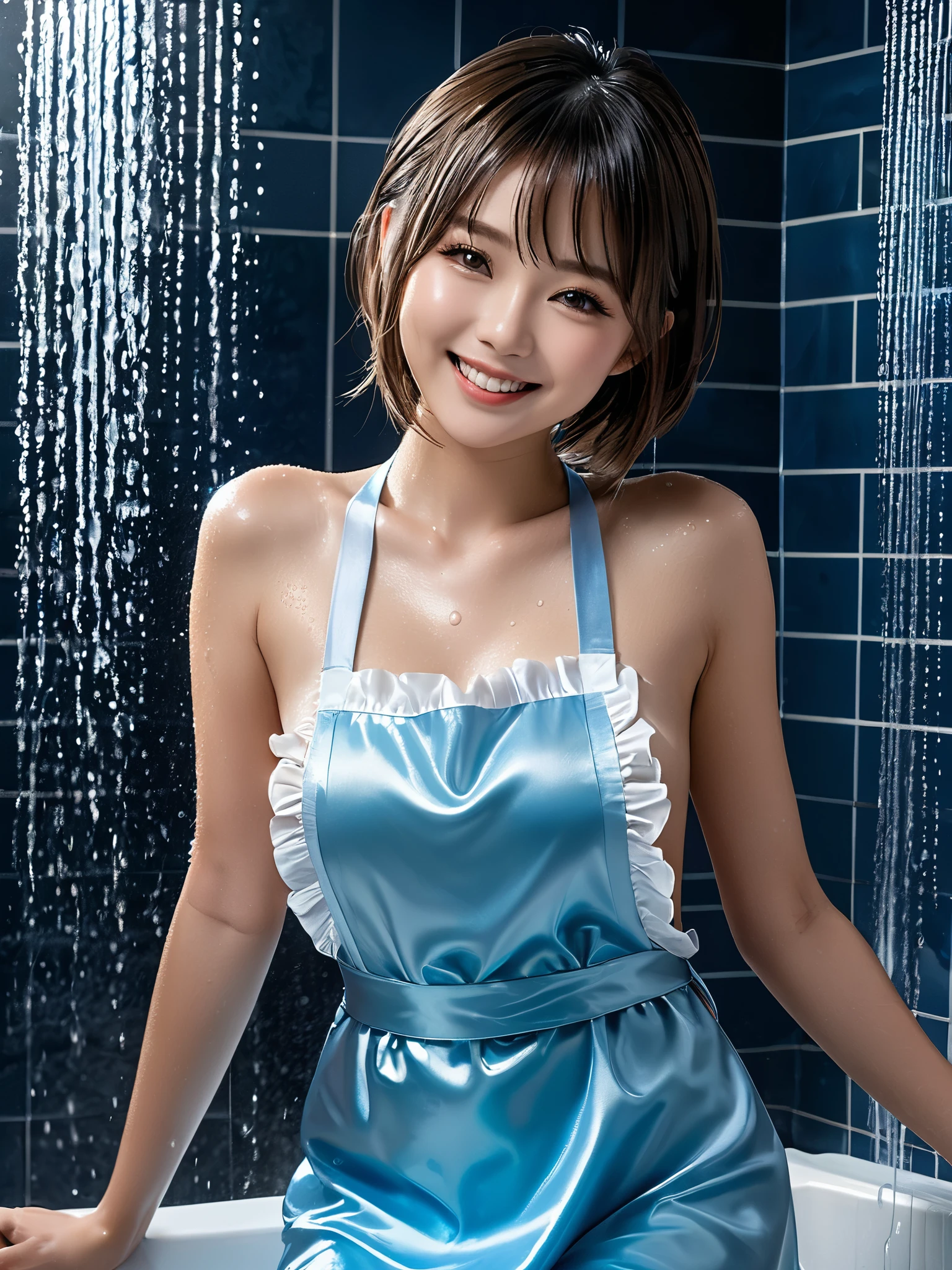 product quality, 1girl, full body shot, front view, a Japanese young pretty girl, short length hair, wearing only a silky satin light blue apron with white frills over her naked body with a big smile, taking a shower in a luxury shower room, glamorous figure, wet hair, wet body, busty, hyper cute face, glossy lips, double eyelids in both eyes, natural makeup, long eyelashes, shiny smooth light brown hair, asymmetrical bangs, fair skin, central image, high resolution, high detail, detailed hairstyle, detailed face, cinematic lighting, octane rendering, vibrant, hyper realistic, perfect limbs, perfect anatomy