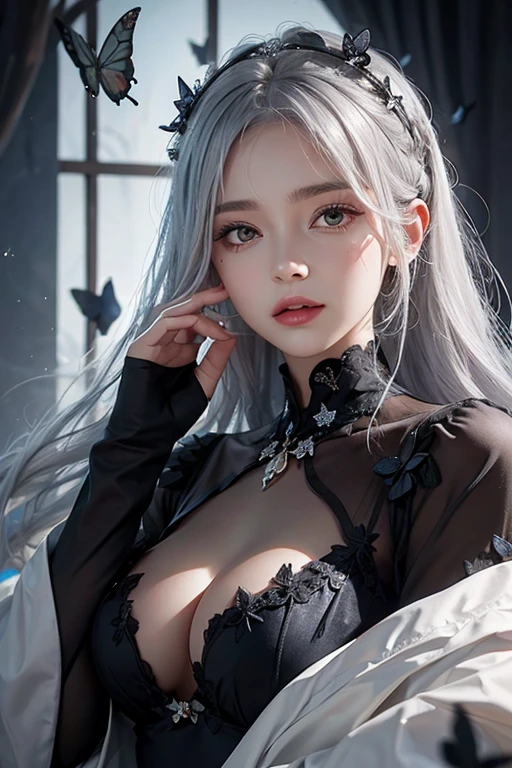1 female, silver hair, old dress and next to 5 black butterflies, black magic