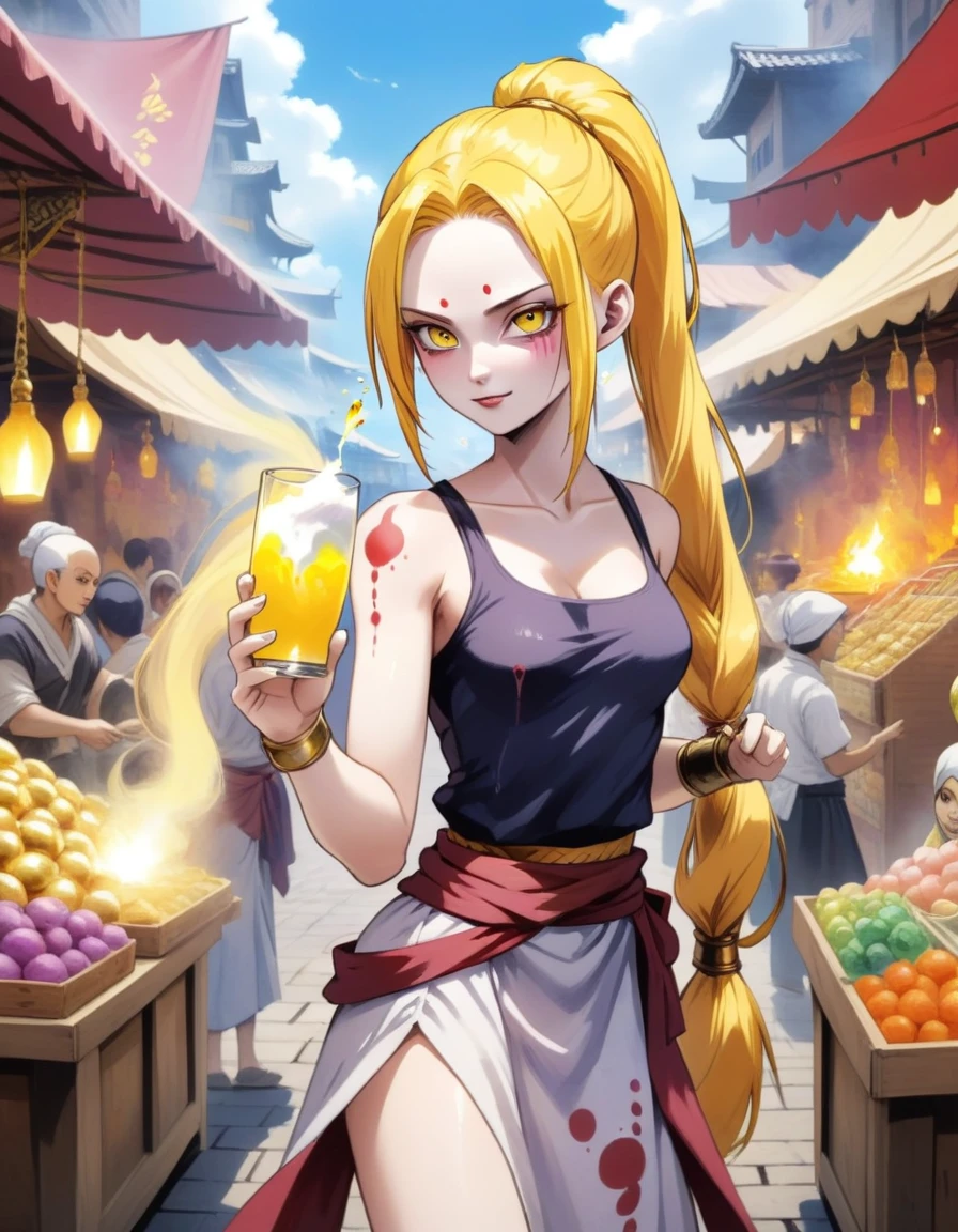 anime in 4D vivid colors high quality girl Kratos + Meliodas caveira Portrait front view of a girl standing in a mystical marketplace with gold yellow hair in a flowing ponytail in a dynamic pose she is holding a glass of bubbling potion out to the view red tomoi eye in the background are busy vendors and magical light and smoke from the various market stalls Surréalisme watercolor painting style stylize 1000 line art watercolor wash by inacofairy rugge canvas 