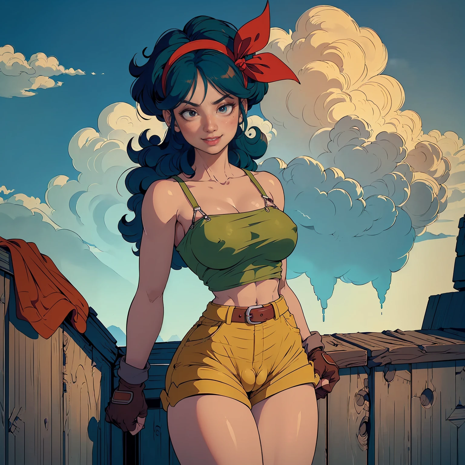 (((solo,1woman, mature, alone))), BlackHair_GoodLaunch_ownwaifu, ((long hair, blue hair, red hairband, curly hair, hair ribbon, eyelashes, bangs, glowing black eyes, wide eyes, makeup, narrow waist, skinny, medium breasts,)), pelvic curtain, ((green shirt, yellow shorts, crop top, fingerless gloves, short shorts, collarbone, belt, brown gloves)), full body, perfect body, (insanely detailed, beautiful detailed face, masterpiece, best quality), (extremely detailed 8k paper CG wall unit: 1.1), (Beautiful outdoor, cloudy sky, cloud, fog, dusk), (smile face for the viewer), cameltoe view, cameltoe, View from above, Diagonal view