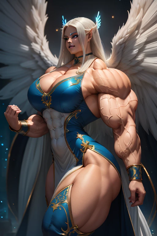(Close view), tall, White haired woman, long straight hair, light brown skinned, closed smile, (black lipstick), ((massive muscles)), (hyper muscle), ((ginormous bulky muscles)), ((glowing blue eyes)), (white sparkly cheongsam dress), (giant angel wings), gauntlets, choker, thigh high boots, (in a Sky)