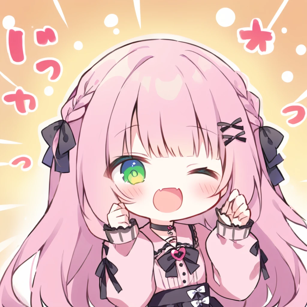 Top quality, masterpiece,a chibi girl
, peal purple and blunt bangs hair, twin braids,green eyes, eyes closed, mouth wide open and screaming, blushing, smilng,fangs,(a girl with closs hair pin,
pink shirt,cosplay, jirai kei, bangs, black skirt, black bow, looking at viewer, bow, long sleeves, choker, ribbon,:1.4),