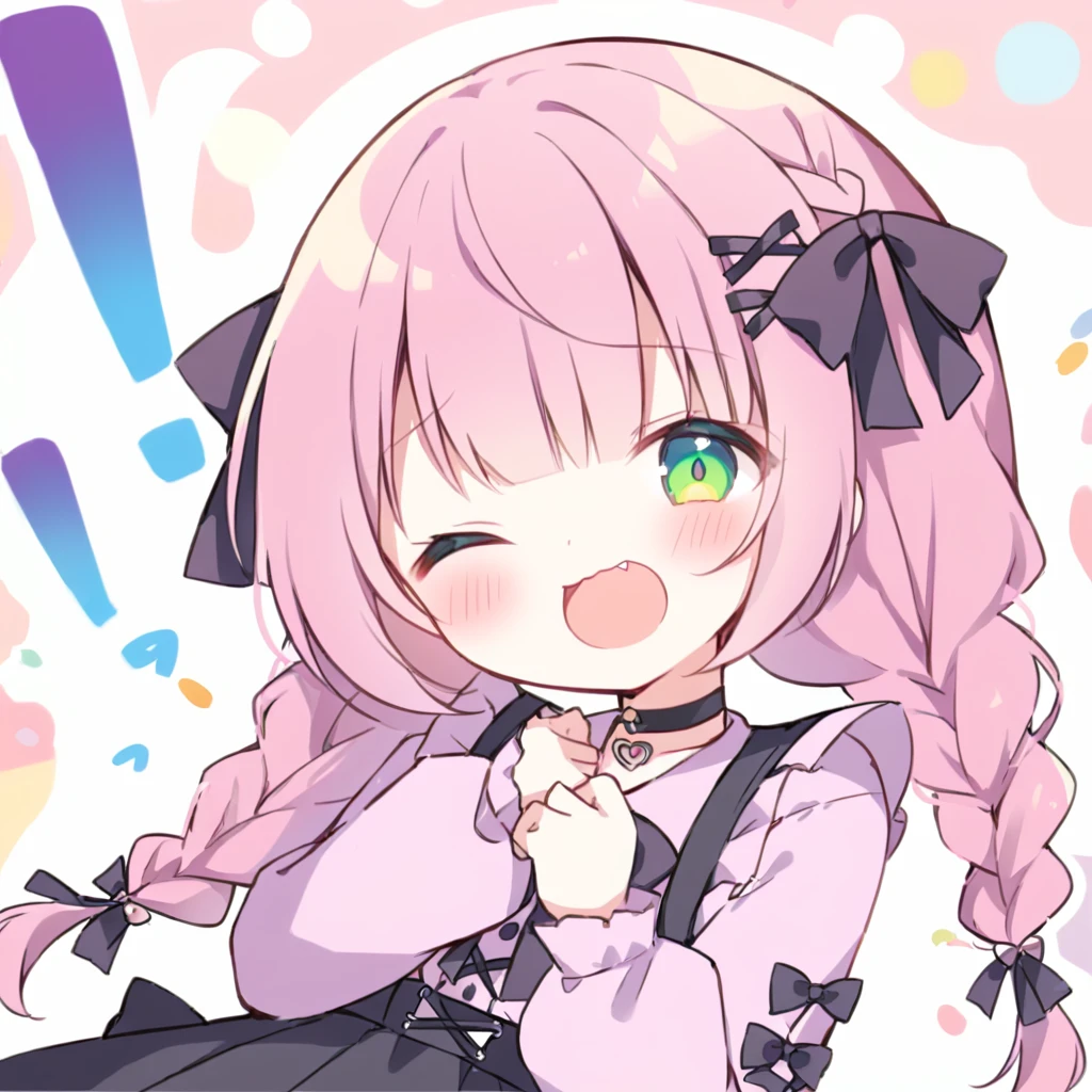 Top quality, masterpiece,a chibi girl
, peal purple and blunt bangs hair, twin braids,green eyes, eyes closed, mouth wide open and screaming, blushing, smilng,fangs,(a girl with closs hair pin,
pink shirt,cosplay, jirai kei, bangs, black skirt, black bow, looking at viewer, bow, long sleeves, choker, ribbon,:1.4),