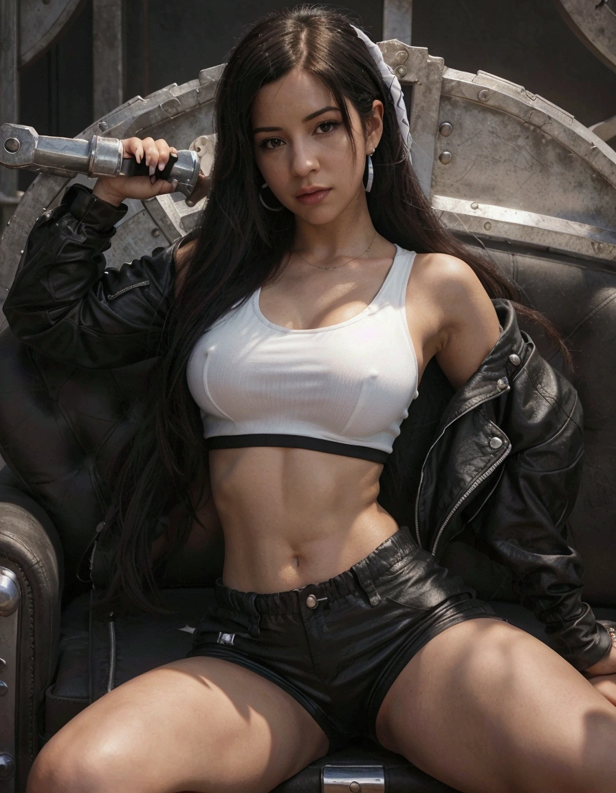 a close up of a woman in a white top and black shorts, Tifa lockhart, Tifa, artwork in the style of Gwaiz, ig model | ArtJam, seductive Tifa lockhart portrait, Enchanting anime girl, Tifa lockheart, glamorous Tifa lockheart, Jan J, Gwaiz, portrait of Tifa lockhart