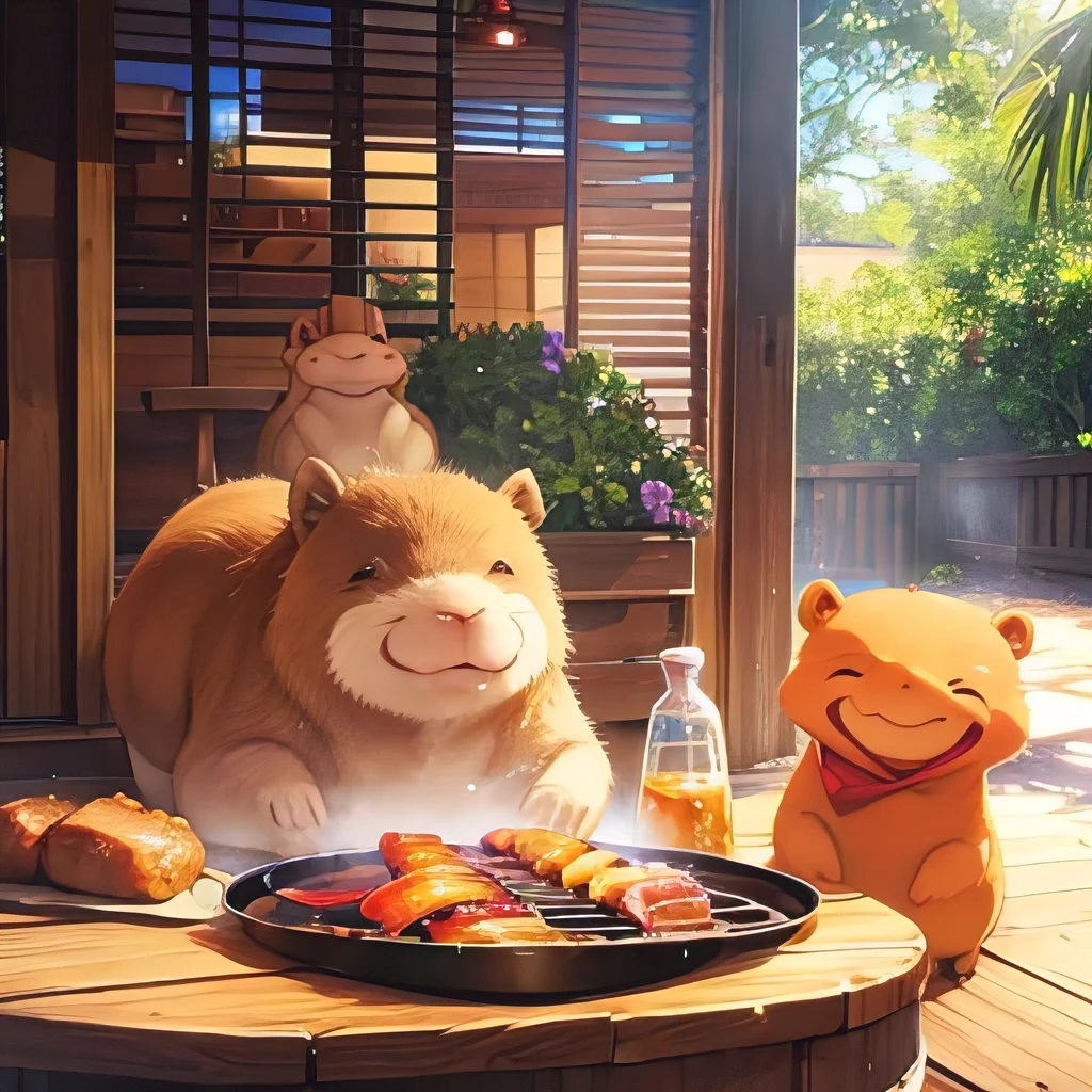 Psychedelic beam toys house barbecue A smiling capybara wearing cute sunglasses reflected eerily happy barbecue