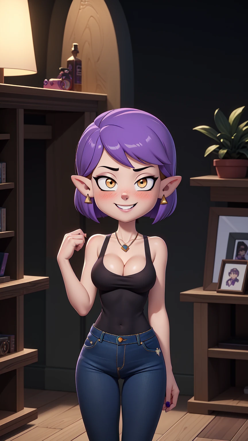 (masterpice, best quality), AmityBlight, short height, young, makeup, black earrings, yellow eyes, short hair, (purple hair:1.4), pointed ears, tank top, (((cleavage))),small breasts, amulet, (tight jeans), standing, looking at viewer, seductive smile, naughty face, nose blush