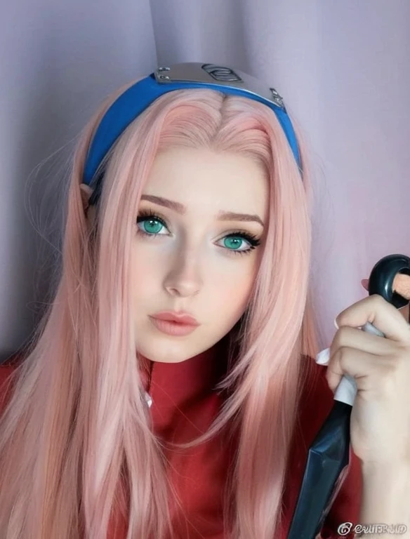 young woman, peach skin, short pink hair, wide forehead, big green eyes, buttoned nose, big pink lips, slender body, small breasts, medieval period clothing, deep neckline, Sakura Haruno, 3d
