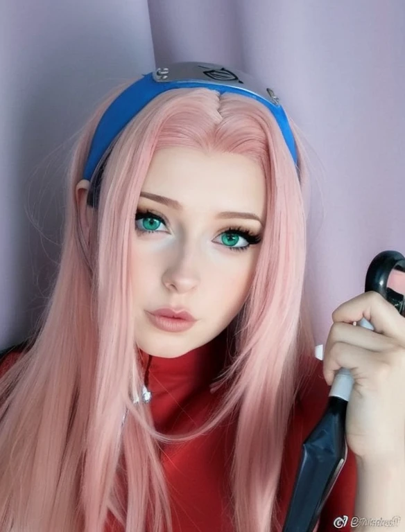 young woman, peach skin, short pink hair, wide forehead, big green eyes, buttoned nose, big pink lips, slender body, small breasts, medieval period clothing, deep neckline, Sakura Haruno, 3d