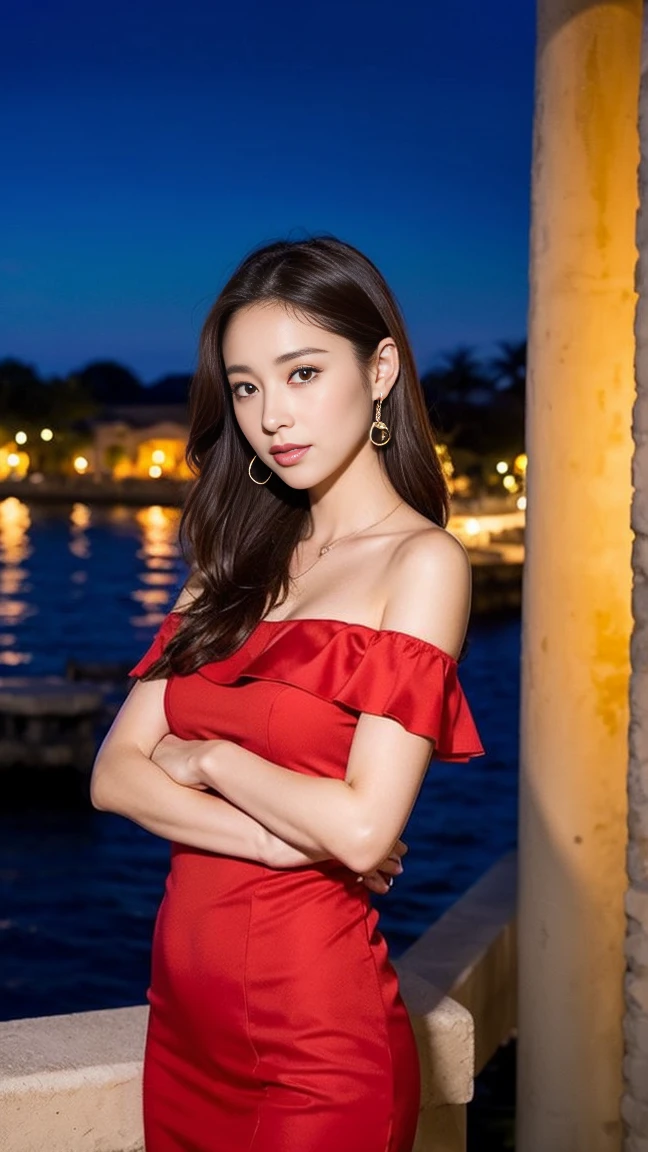 dark brown hair、Light brown eyes、Japanese actress、I am about 40 years old...、Saint-Tropezにあるテラスレストランで、Spectacular views、In nature、Enjoying the delicious meal on the terrace、背景にはSaint-TropezのSpectacular viewsが広がる、A red dress with a resort feel、Off the shoulder、Sandals、Night view、Deep sorrow、Feeling weak、Debilitated pose、Deep sorrowの表現、Saint-Tropez、