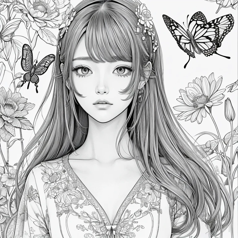 A picture that can be enjoyed as a coloring book、Artistic painting of flowers and butterflies、An illustration、beautiful、Bold line、Manga style、Low Detail、No black paint、1 picture
