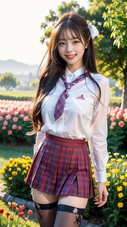 (Highest quality、Ultra-high resolution、８ｋ、masterpiece:1.3)、Beautiful woman with perfect figure:1.4、long brown hair、(((((school uniform))))、Big eyes、Flashy、（high school girl）、Sailor suit、White shirt、Red ribbon on head、(Tartan plaid skirt)、きれいな女のpeople、Highly detailed face and skin、Detailed eyes、Shiny thighs、double eyelid、Thin legs、The best smile、(((１people々)))、The best smile、Age is ************、Height: 155cm、Perfect Proportions、whole body、((blue sky))、Baby Face、Touching hair with your hands、The wind is blowing、Rear view、Tulip Fields、Beautiful Landscape、blue sky、Good weather、nice smile、Knee-high tights、Look ahead、