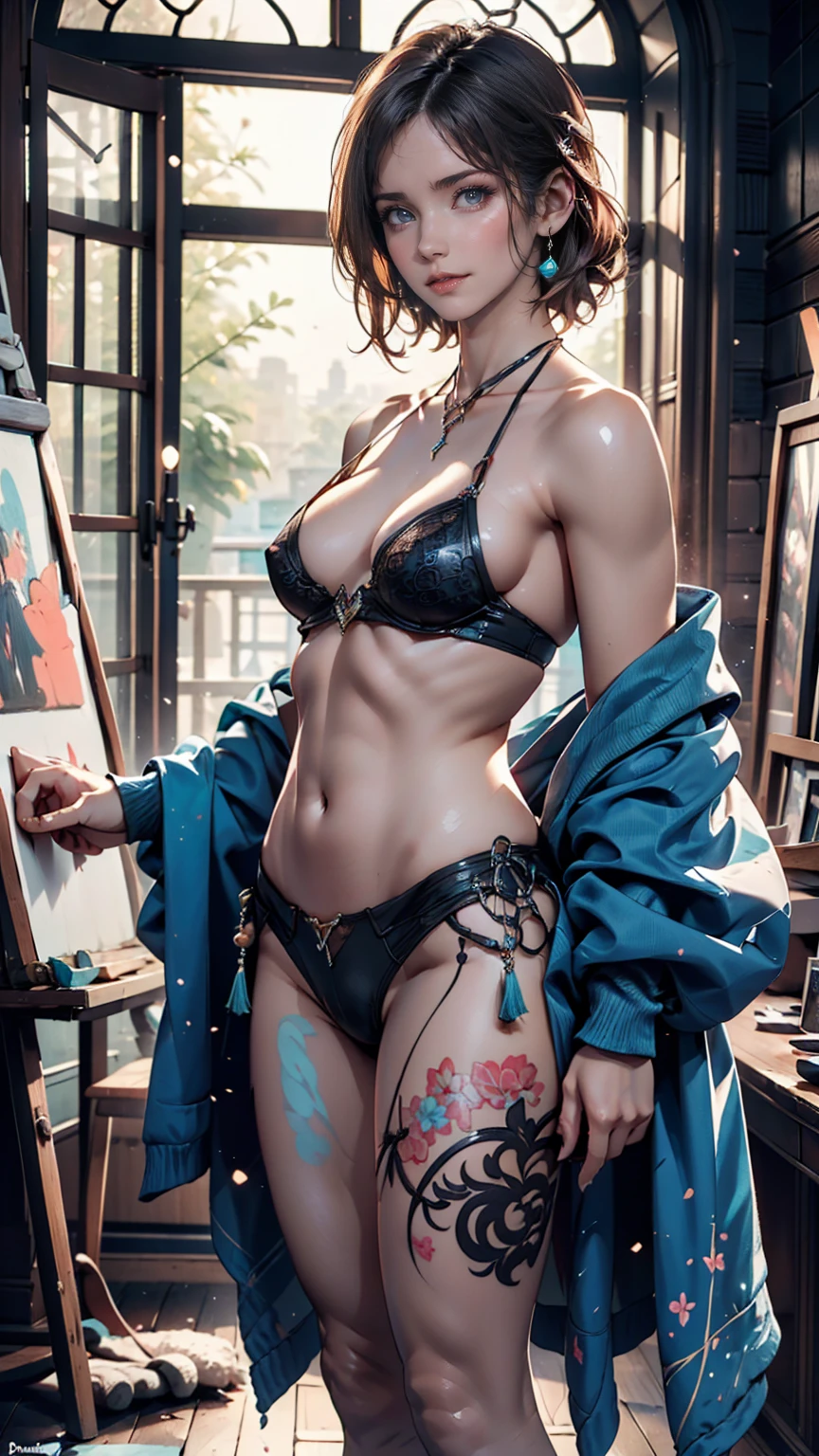 (masterpiece, Highest quality, Highest quality, Official Art, Beauty and aesthetics: 1.2), (One girl: 1.3), (Fractal Art: 1.3), Bright aqua blue eyes, Medium length hair with tassels, Nude midpart、pubic hair、Nipples、Full body art、Painting