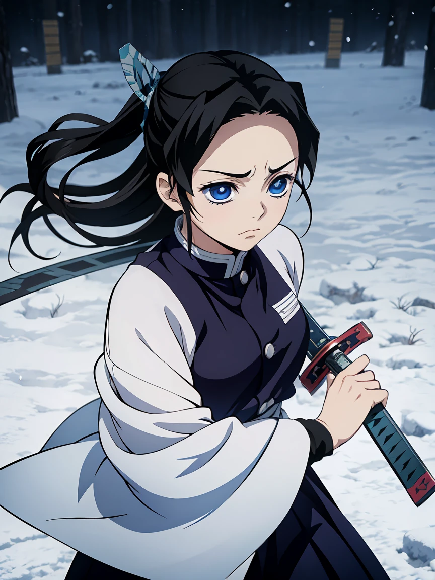 Kimetsu no yaiba style, 1girl, 10 years old girl, blue eyes, beautiful girl, black long straight hair, pillar demon slayer, (holding a sword), blue sword, 1 sword, perfect sword, 1 japanese sword, only wearing a demon slayer uniform, dark and snowy background, face closed up, angry face