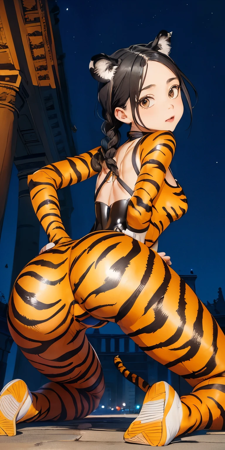 Hip Up Zoom((10 year old girl with braided black hair))Realistically、(Keep your head low、Get on all fours with your butt sticking out、)Emphasize the tail、Open and sexy look、Accentuate your cleavage、(((Wearing a tiger print bodysuit)))、Various sexy poses、background (Arc de Triomphe at night)
